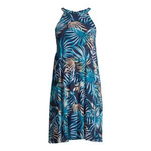 NEW Time and Tru $25 Large Navy Teal Tropical Halter Sleeveless A-line Dress